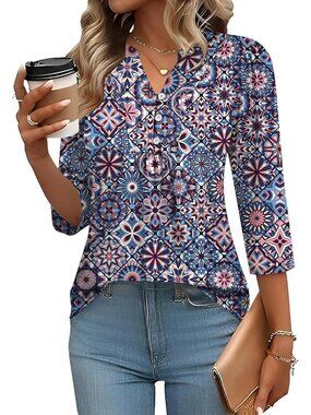 Women's 3/4 Length Sleeve Tops Dressy Casual Henley V-Neck Tops Geometry Floral